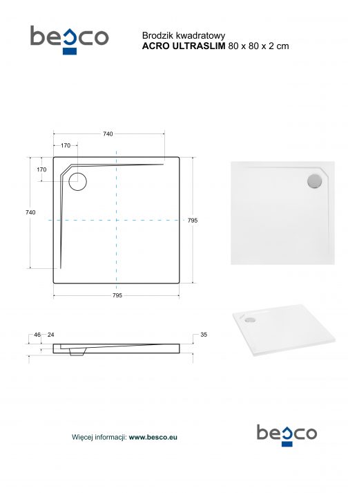 BESCO ACRO ULTRASLIM BRODZIK PRYSZNICOWY KWADRATOWY - obrazek 4