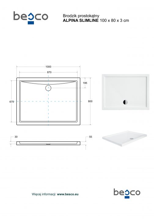 BESCO ALPINA SLIMLINE BRODZIK PRYSZNICOWY PROSTOKĄTNY - obrazek 3
