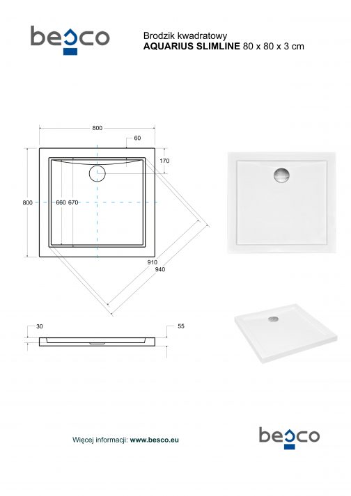 BESCO AQUARIUS SLIMLINE BRODZIK PRYSZNICOWY KWADRATOWY - obrazek 3