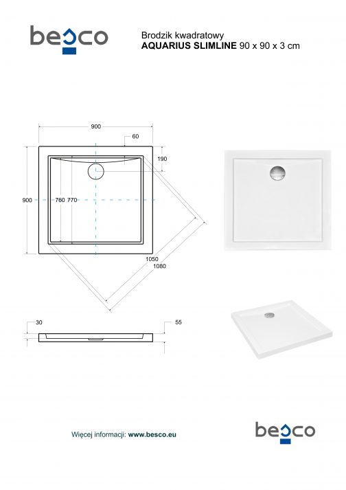 BESCO AQUARIUS SLIMLINE BRODZIK PRYSZNICOWY KWADRATOWY - obrazek 4